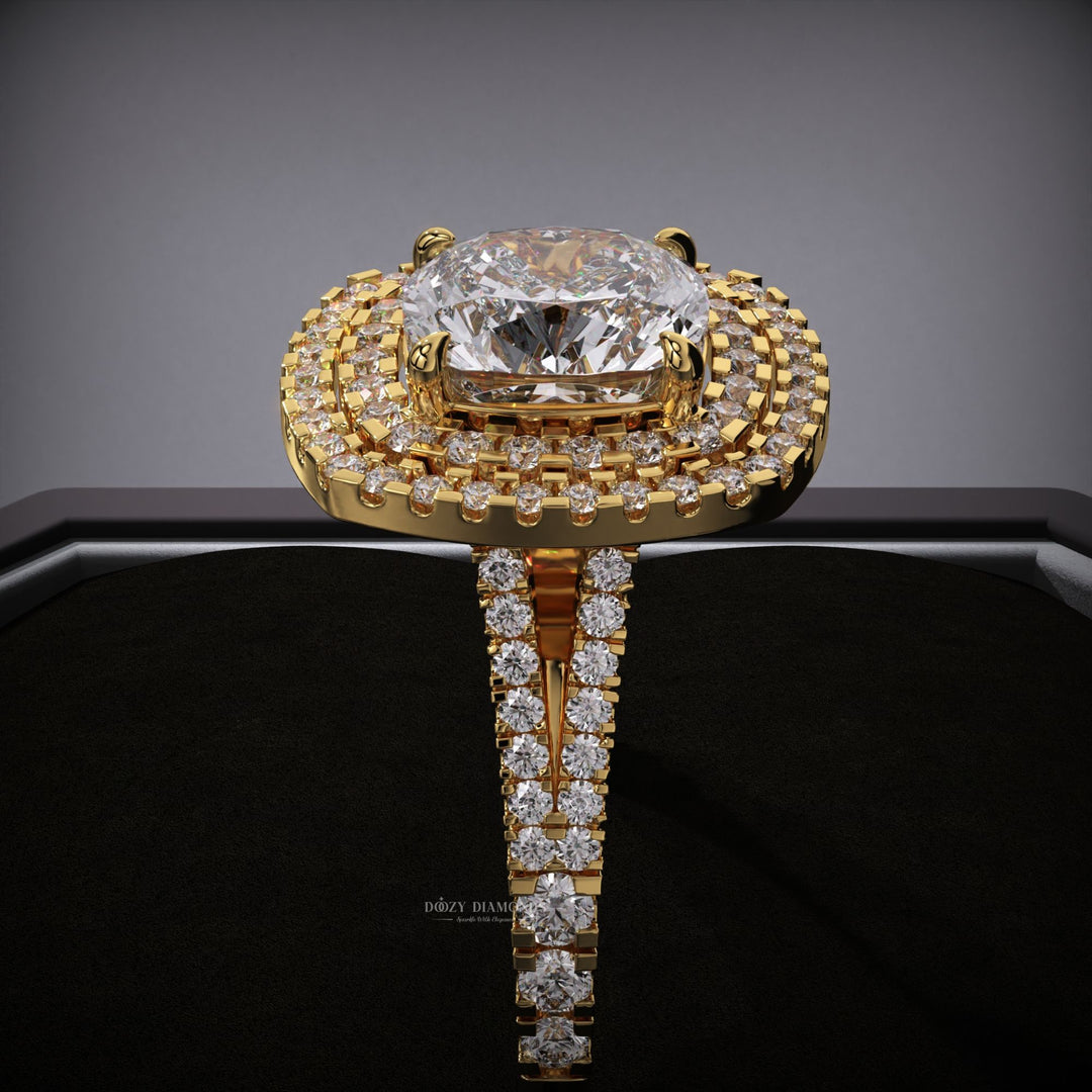 Cushion split shank engagement ring offered in gold and platinum