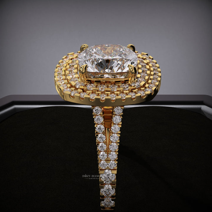 Cushion split shank engagement ring offered in gold and platinum