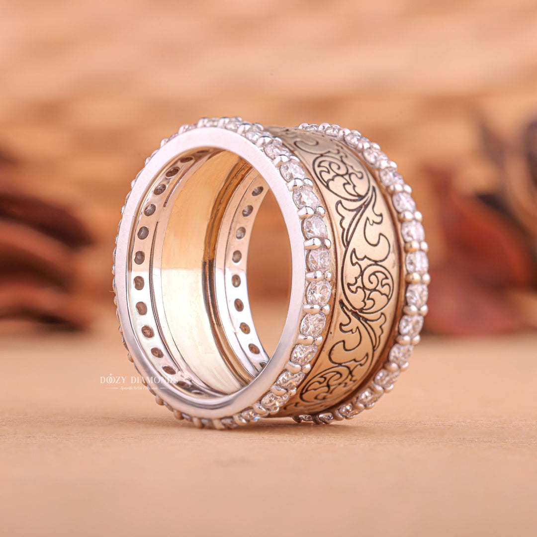 Round milgrain diamond ring displayed on jewelry stand