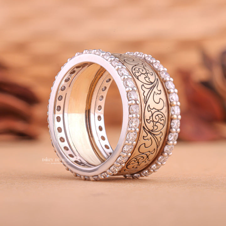 Round milgrain diamond ring displayed on jewelry stand