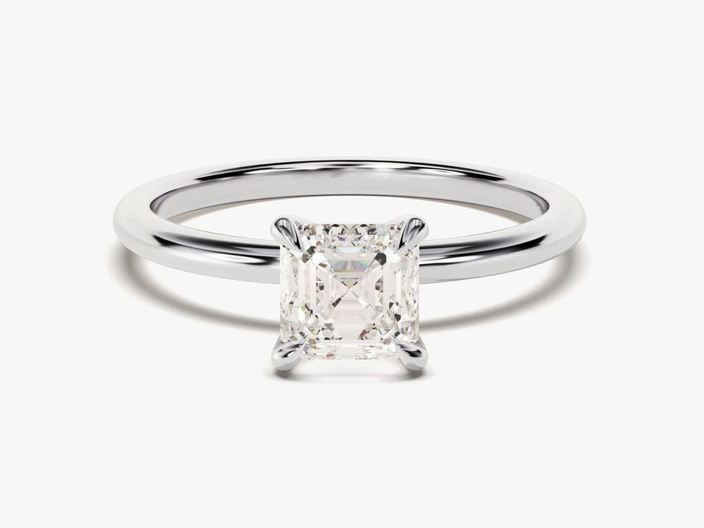 Detailed close-up of asscher solitaire diamond engagement ring