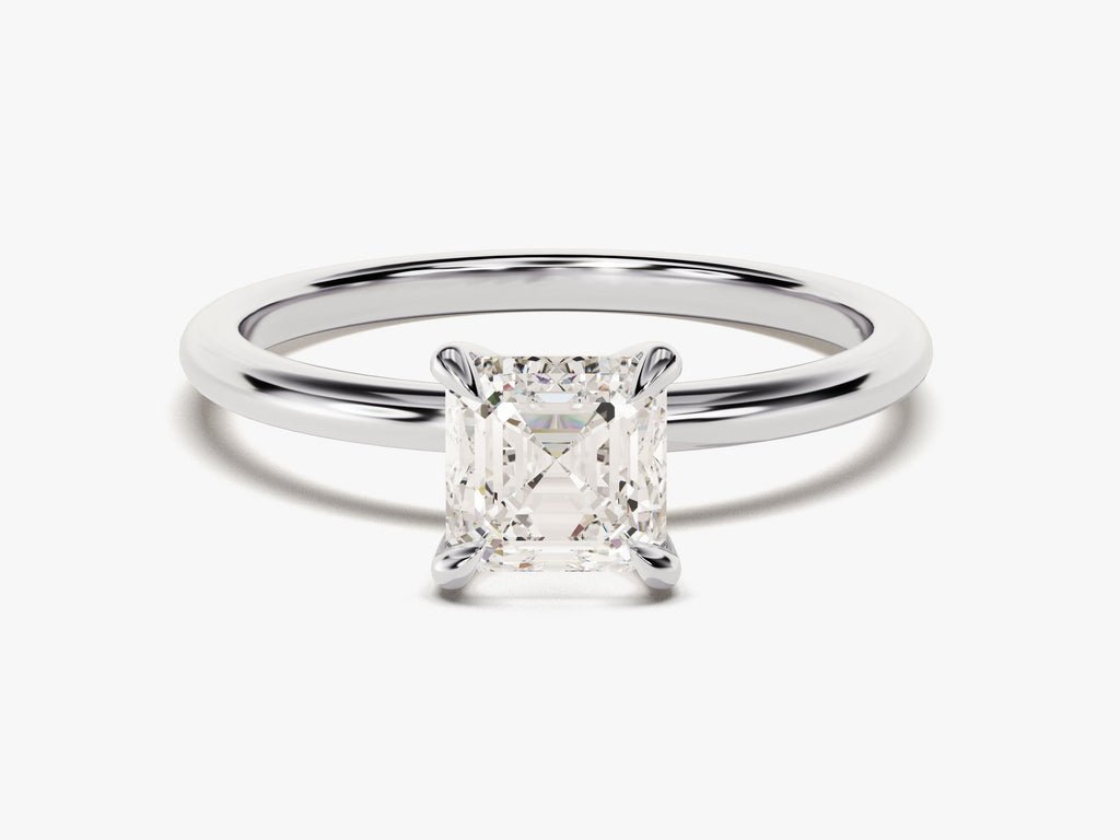 Detailed close-up of asscher solitaire diamond engagement ring