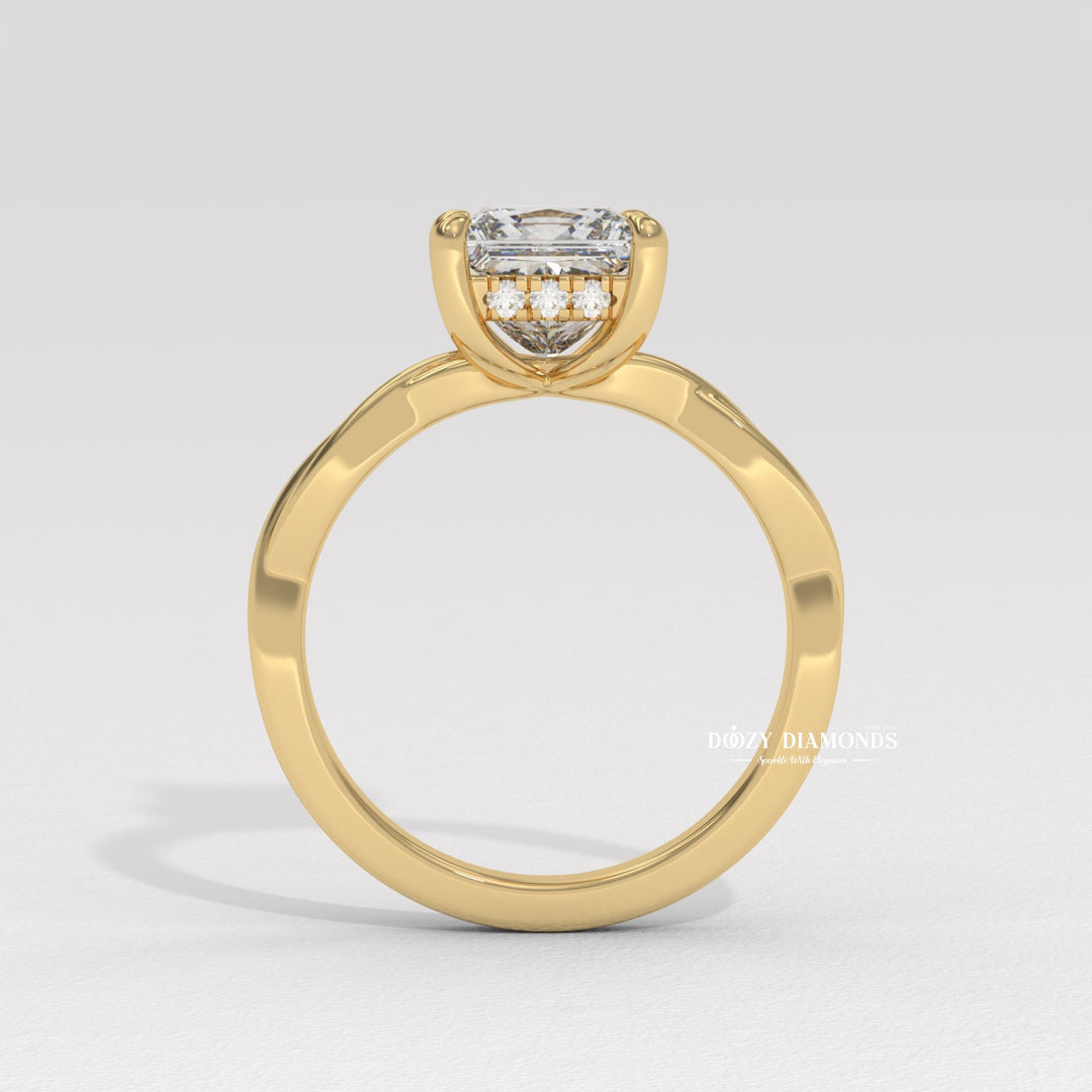 Princess solitaire lab grown diamond ring side profile in gold setting