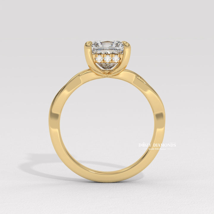 Princess solitaire lab grown diamond ring side profile in gold setting