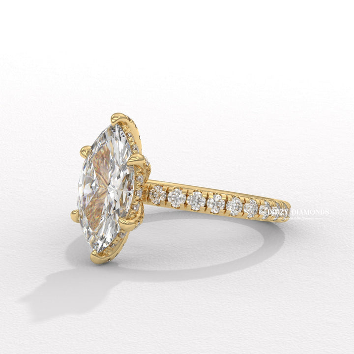 Marquise solitaire engagement ring close-up showing high clarity diamond clarity