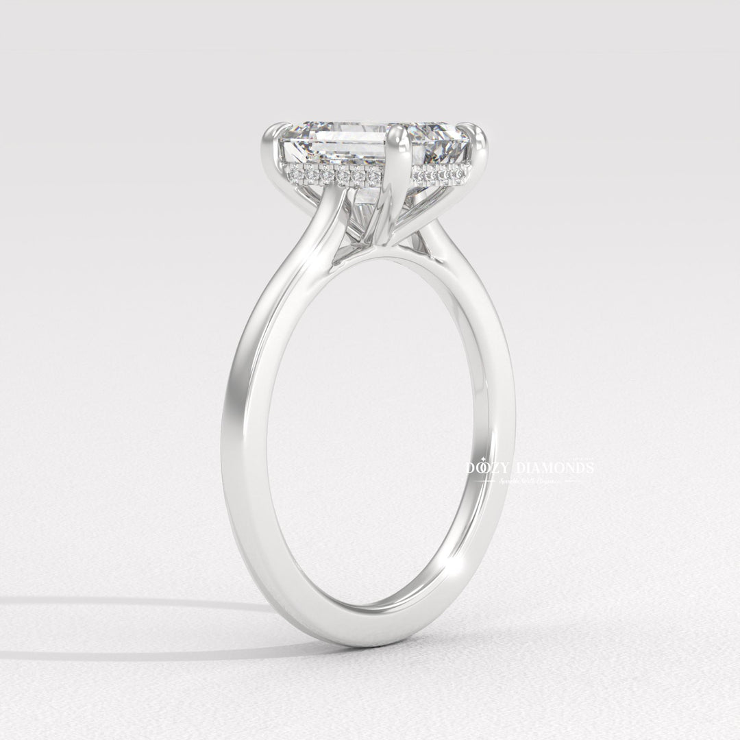 Handcrafted emerald cut hidden halo lab grown diamond engagement ring