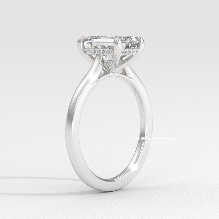 Handcrafted emerald cut hidden halo lab grown diamond engagement ring