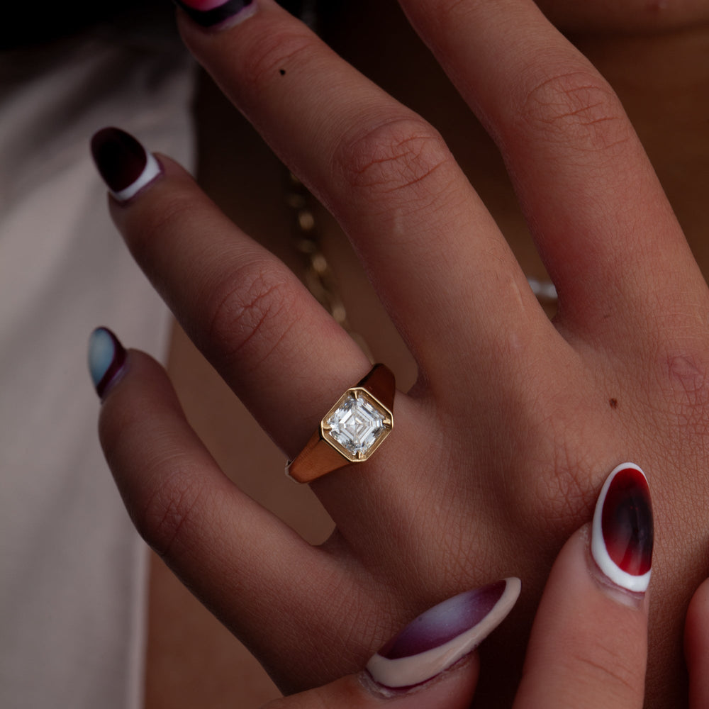 Asscher signet lab grown diamond ring in jewelry gift box