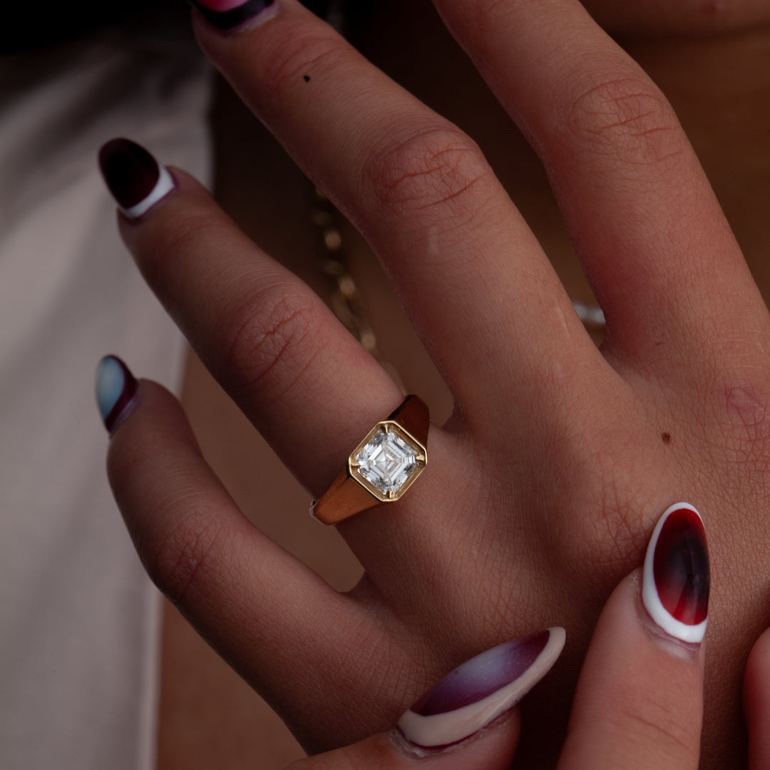 Asscher signet lab grown diamond ring in jewelry gift box
