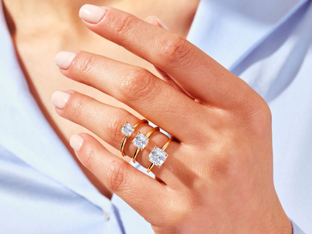 Side angle of asscher solitaire diamond engagement ring
