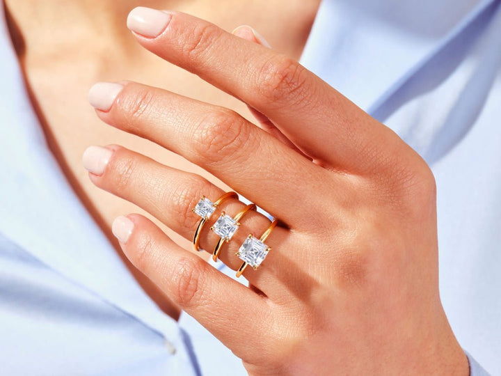 Side angle of asscher solitaire diamond engagement ring