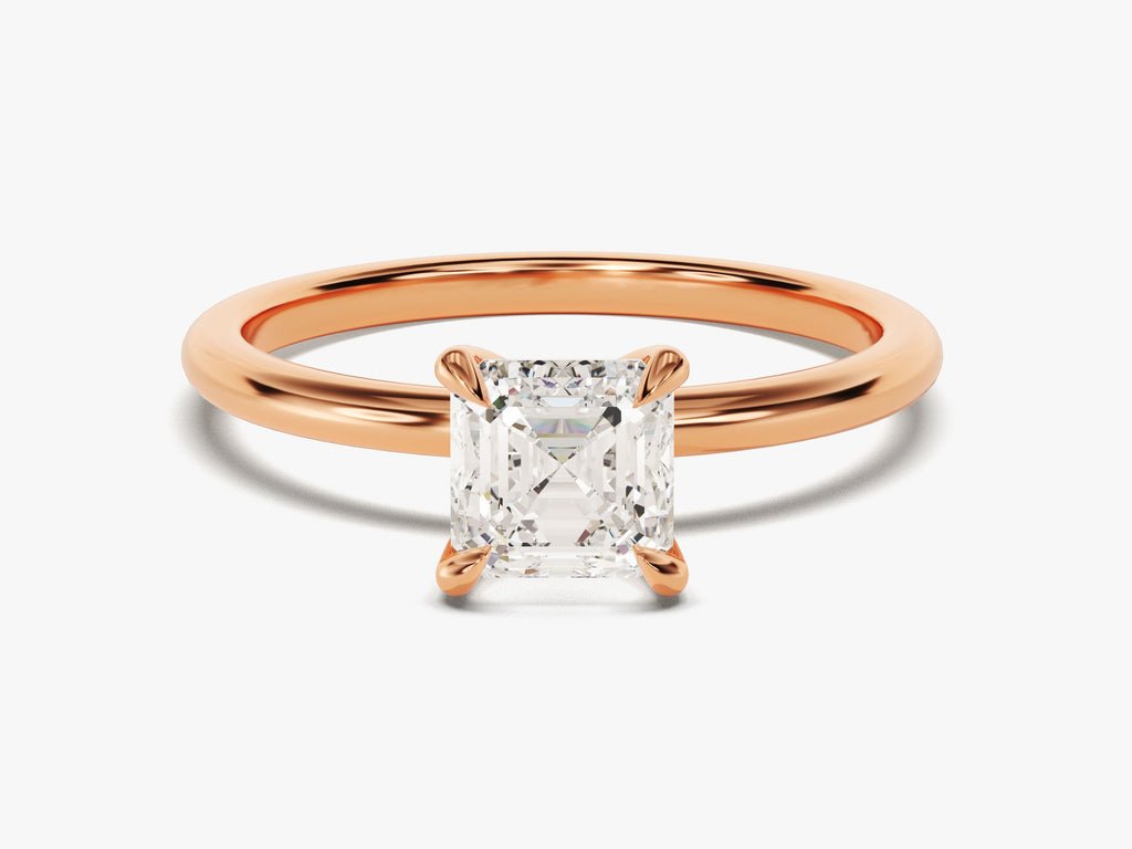 Asscher solitaire lab grown diamond ring side profile in gold setting