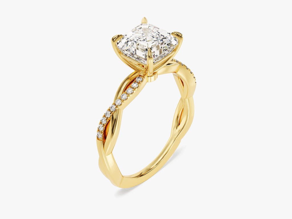Asscher solitaire engagement ring offered in gold and platinum