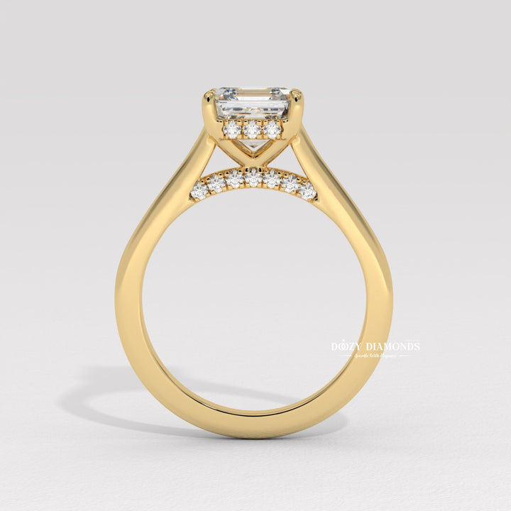 Unboxing view of asscher cut hidden halo diamond engagement ring