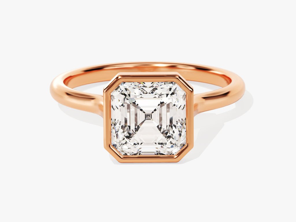 Asscher bezel engagement ring offered in gold and platinum