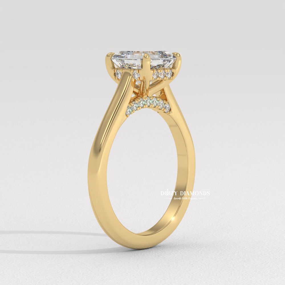 Asscher hidden halo engagement ring with IGI certificate and packaging