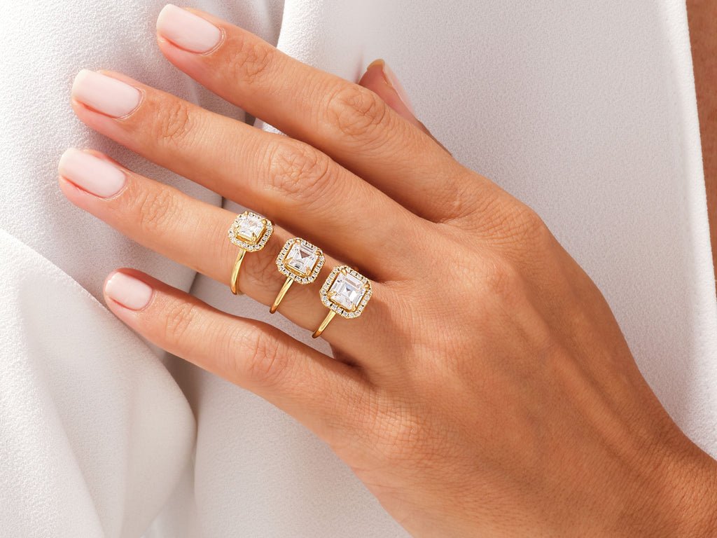 Premium asscher cut halo engagement ring crafted in solid gold