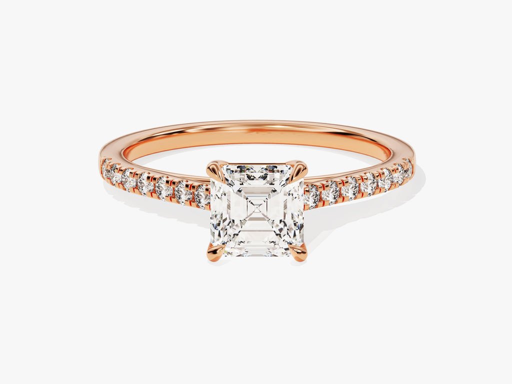 Fine craftsmanship detail on asscher pave engagement ring