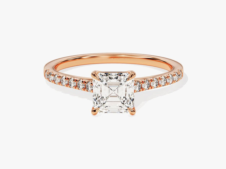 Fine craftsmanship detail on asscher pave engagement ring