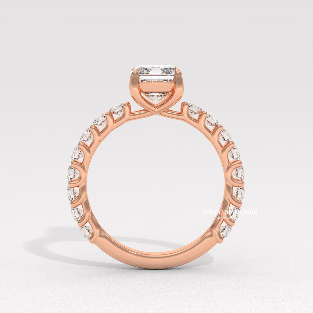 Lifestyle shot of emerald pave diamond ring on hand