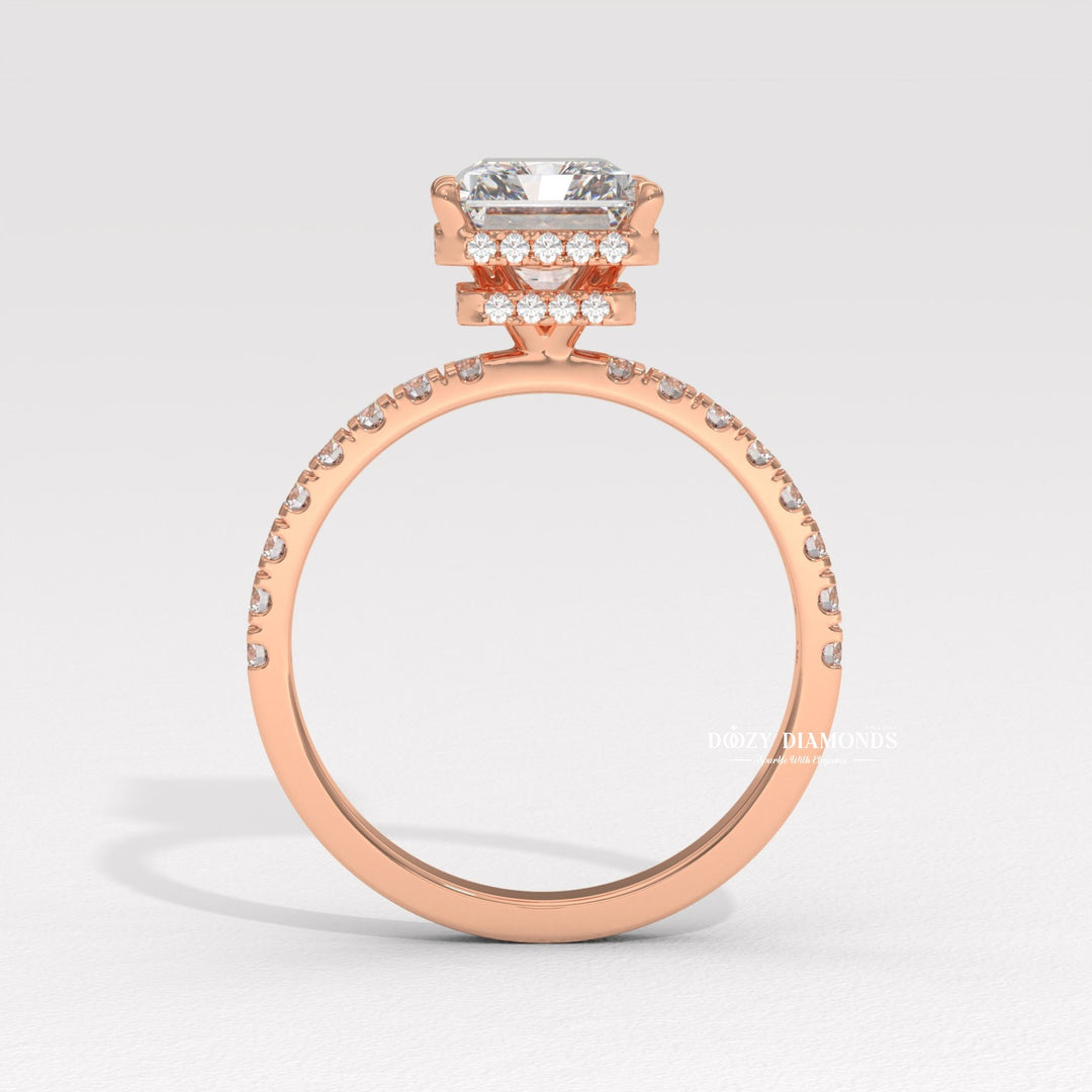 Lifestyle shot of radiant halo diamond ring on hand