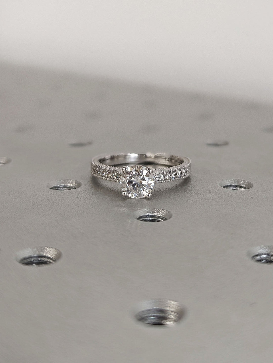 Round vintage lab grown diamond ring in jewelry gift box