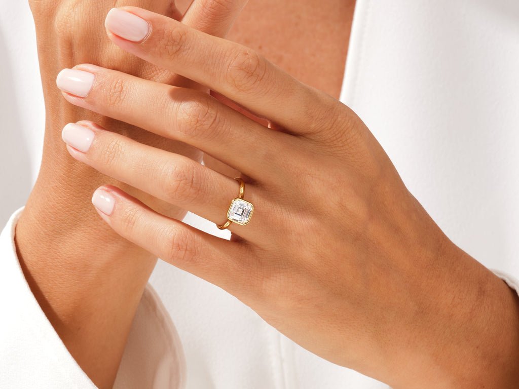 Asscher bezel lab grown diamond ring in jewelry gift box