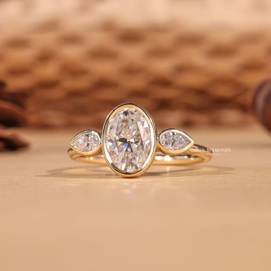 Certified oval cut diamond featured in bezel engagement ring