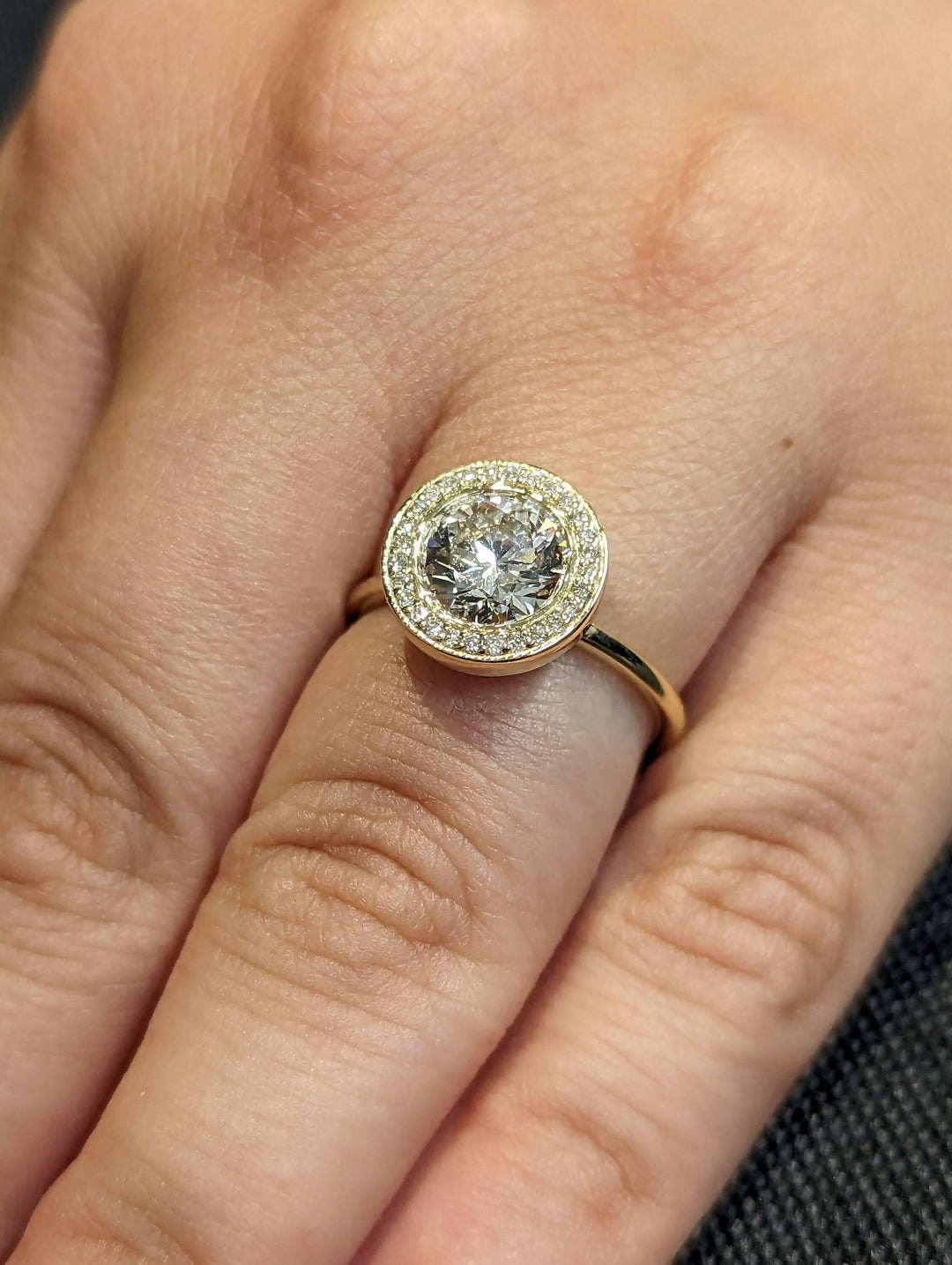 Top-down view of round cut solitaire engagement ring