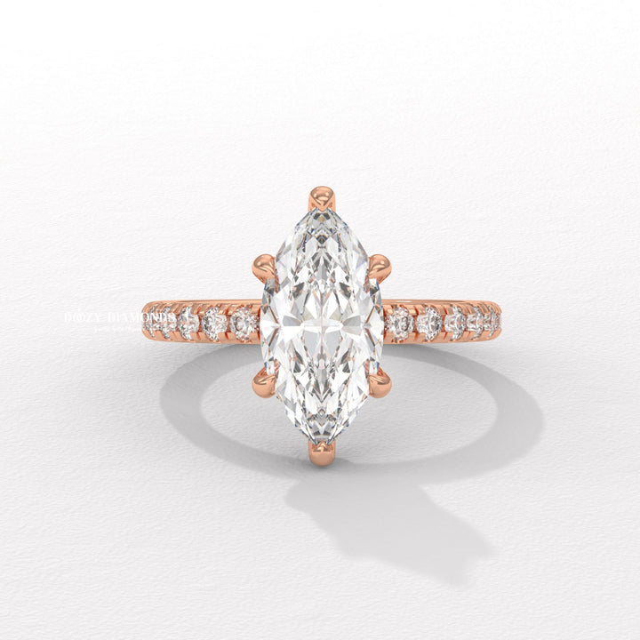 Marquise solitaire engagement ring close-up highlighting diamond sparkle