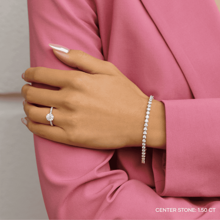 Lifestyle shot of round pave diamond ring on hand
