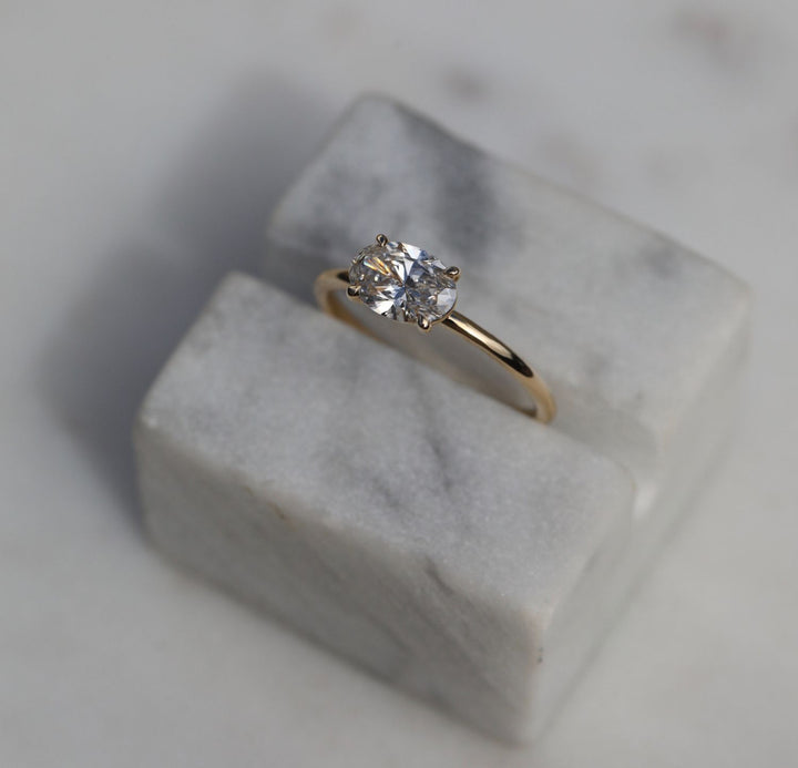 Oval solitaire engagement ring close-up highlighting diamond sparkle