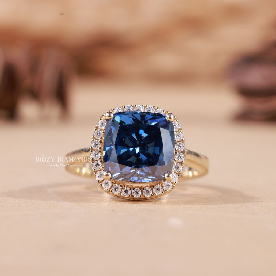 Cushion halo lab grown diamond engagement ring for sale