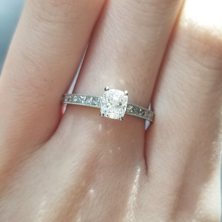 Cushion solitaire lab grown diamond ring in jewelry gift box