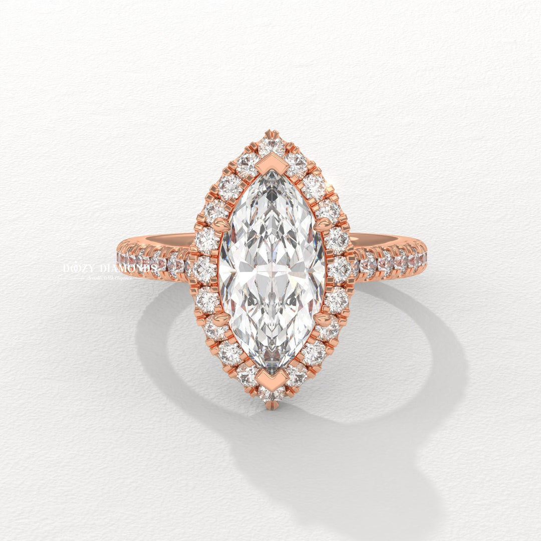 Top-down view of marquise cut solitaire engagement ring