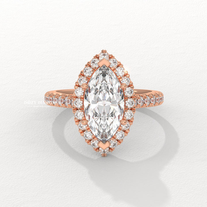 Top-down view of marquise cut solitaire engagement ring