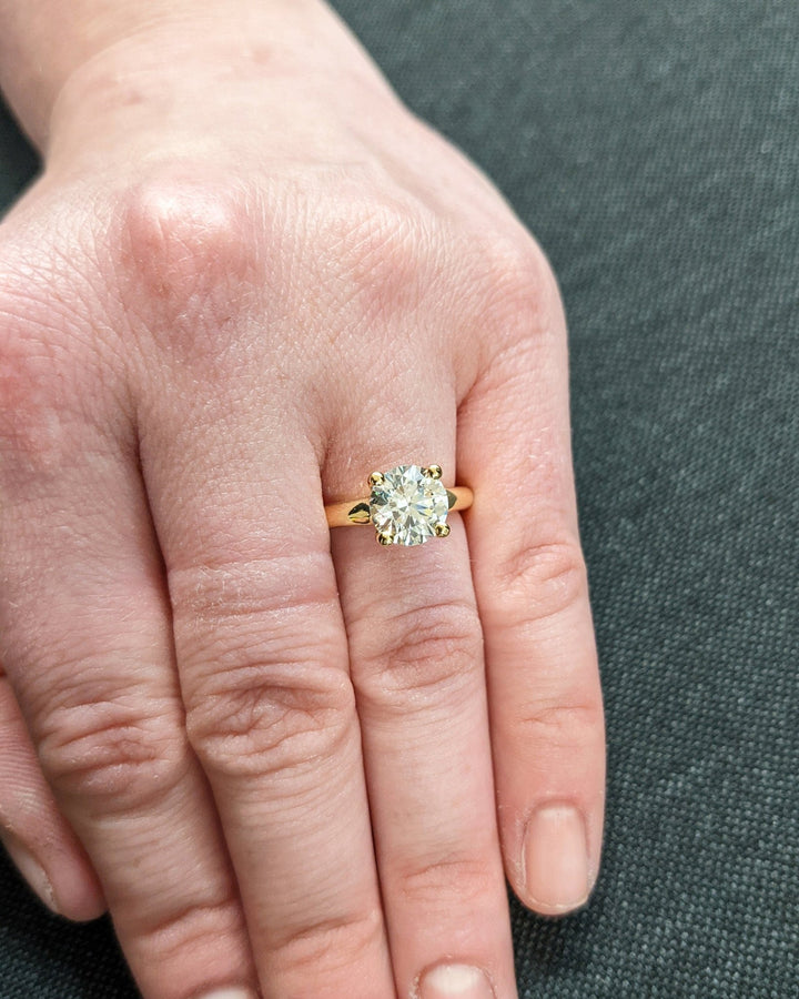 Profile view of round cut solitaire engagement ring band