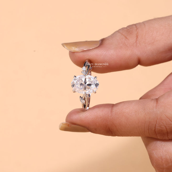 Oval cut engagement ring side view showing band detail
