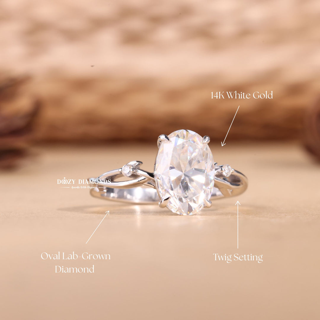 Side angle of oval solitaire diamond engagement ring