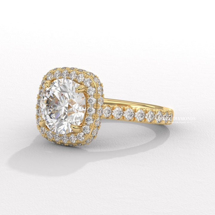 Round halo engagement ring shown on hand for true-to-life sizing
