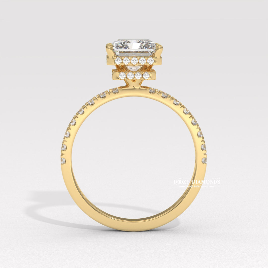 Radiant halo engagement ring shown on hand for true-to-life sizing