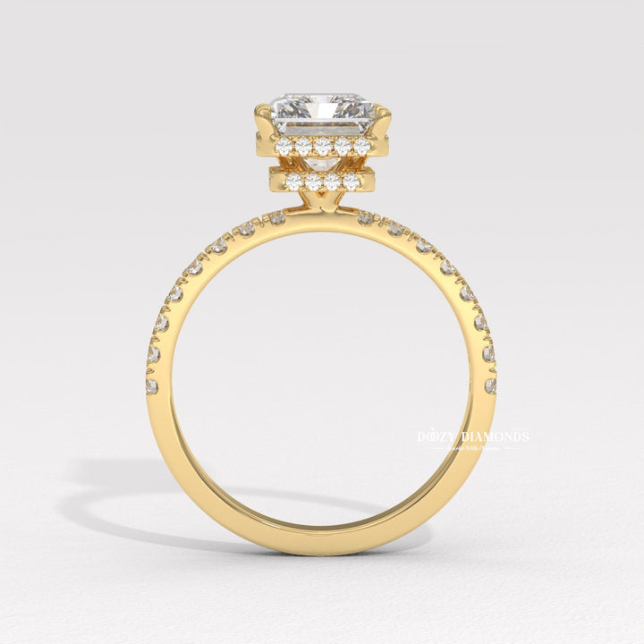 Radiant halo engagement ring shown on hand for true-to-life sizing