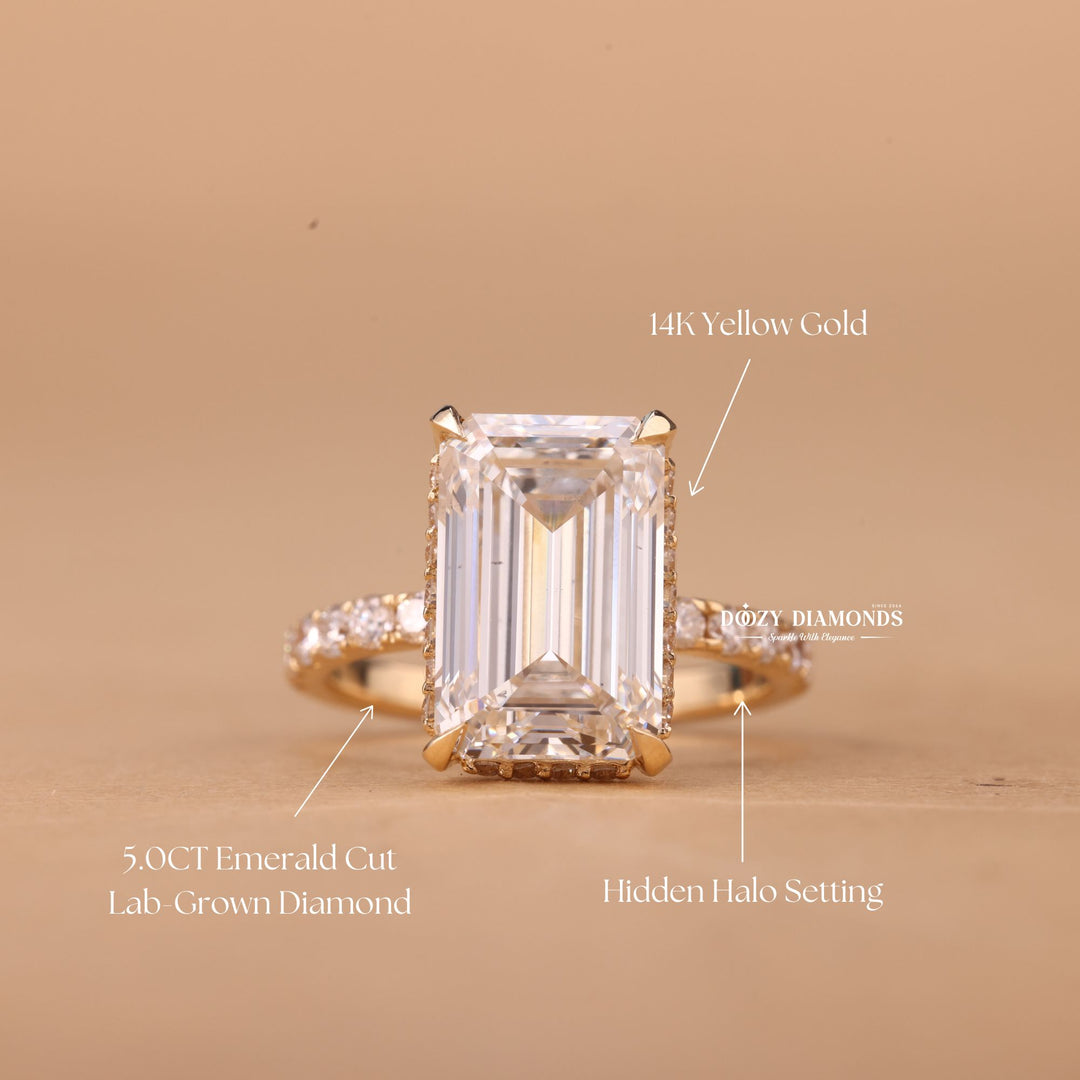 Top-down view of emerald cut hidden halo engagement ring