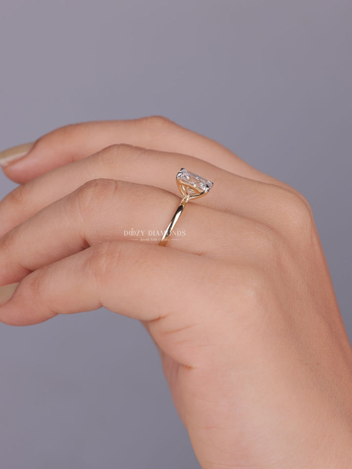 Radiant cut engagement ring side view showing band detail