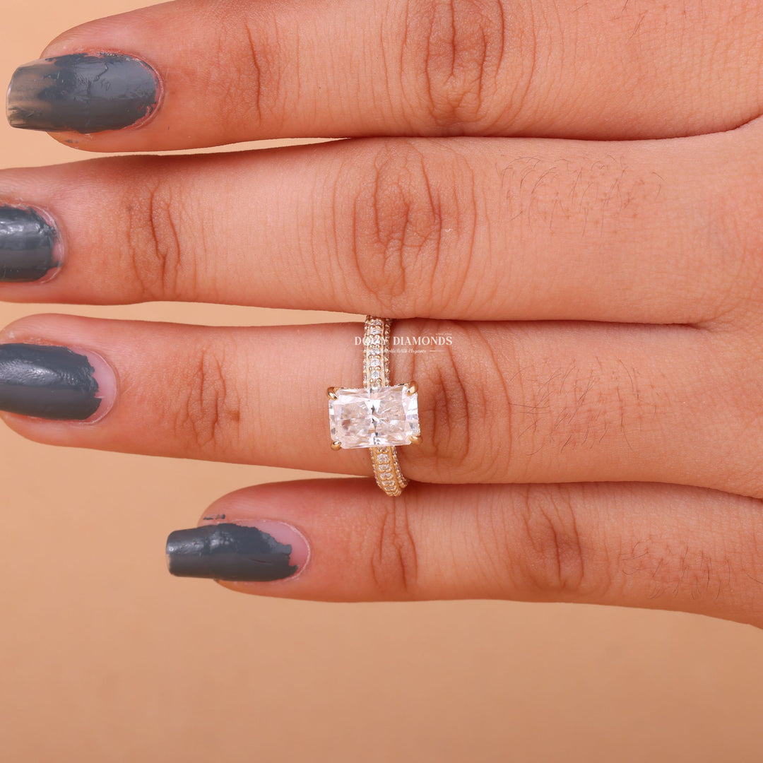 Profile view of radiant cut pave engagement ring band