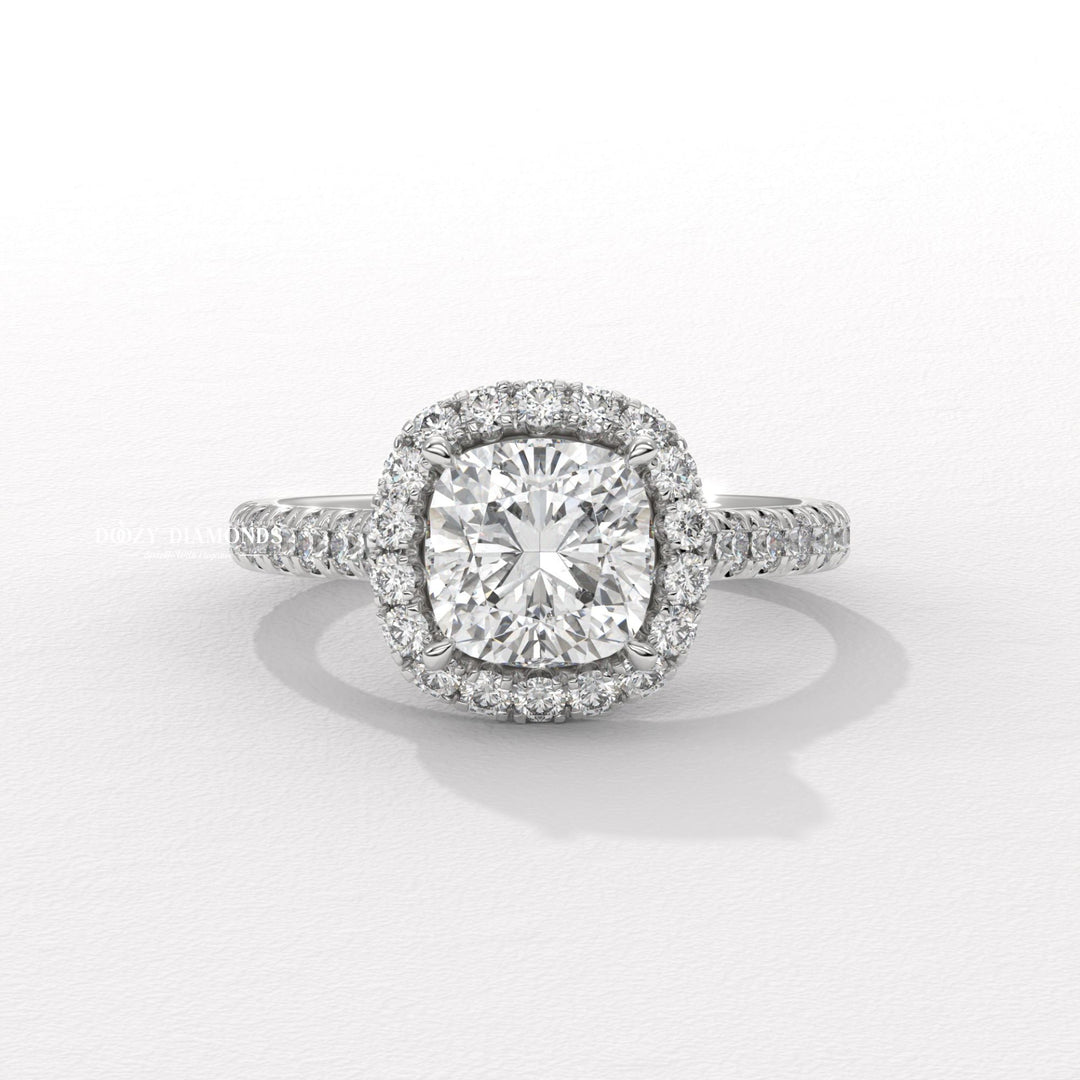 Cushion cut engagement ring side view showing band detail