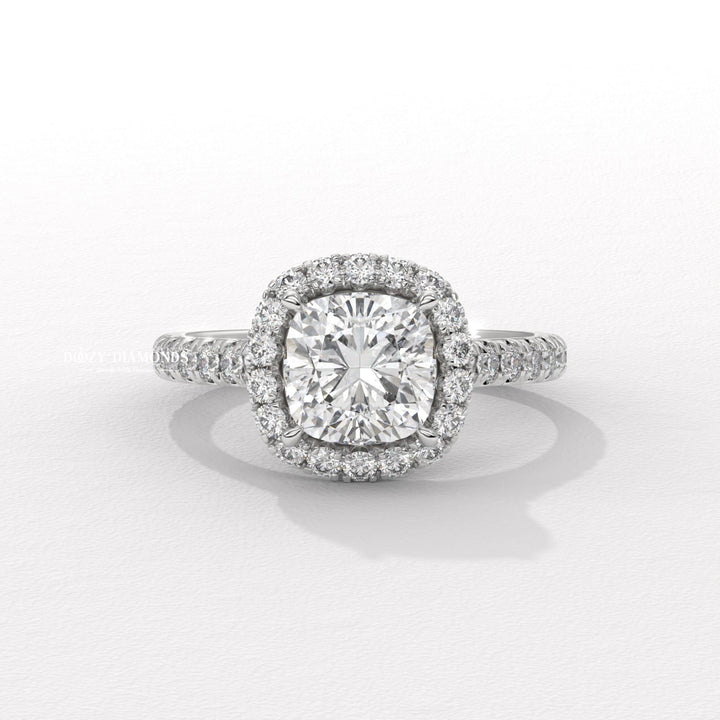 Cushion cut engagement ring side view showing band detail
