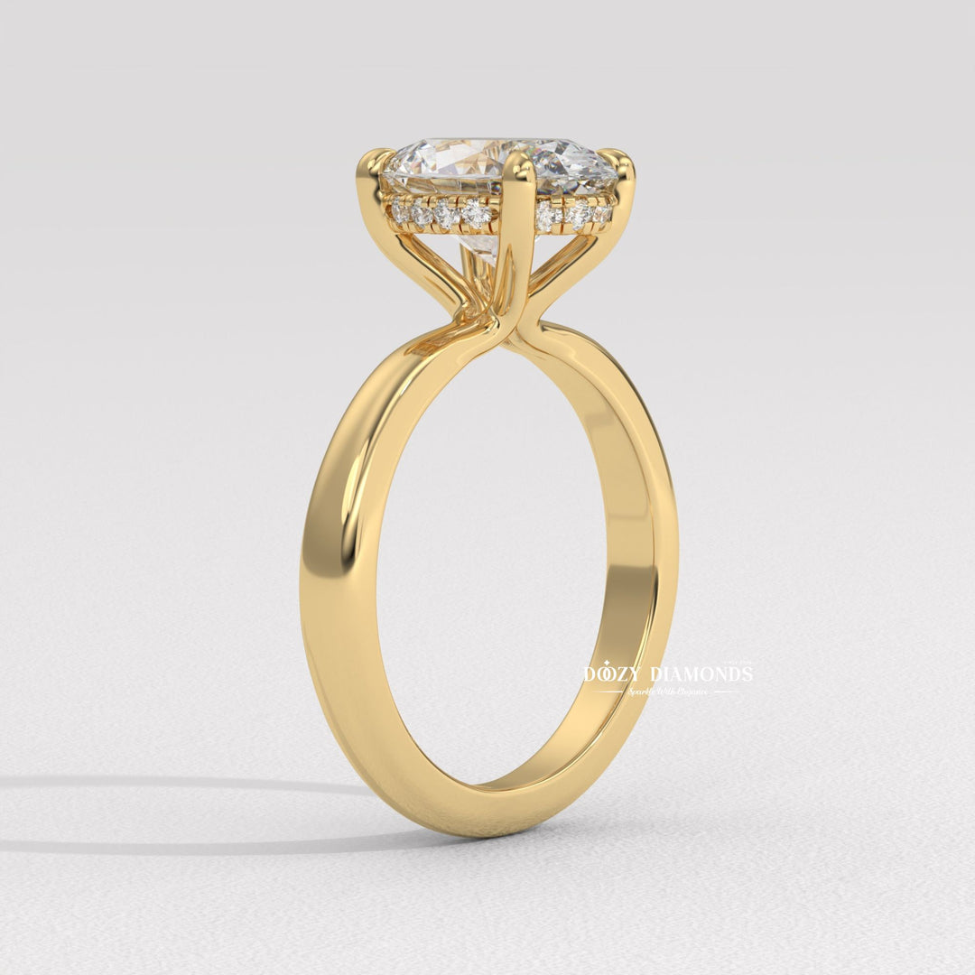 Oval cut engagement ring side view showing band detail