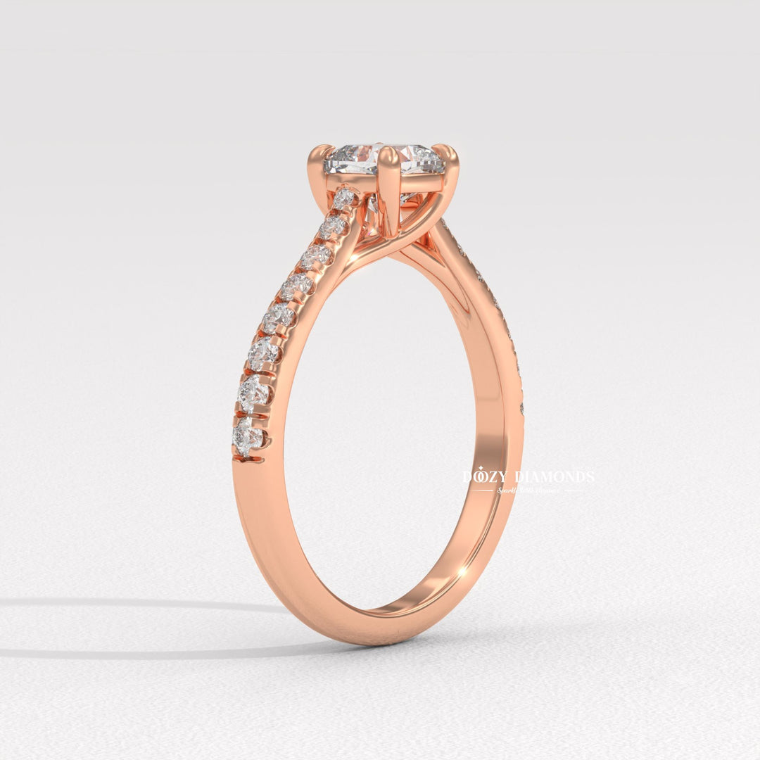Cushion cut engagement ring side view showing band detail