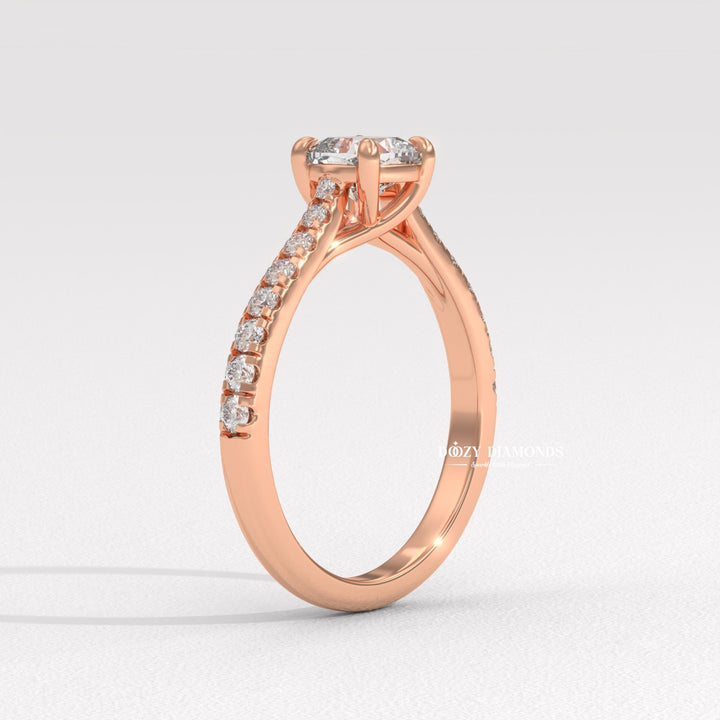 Cushion cut engagement ring side view showing band detail